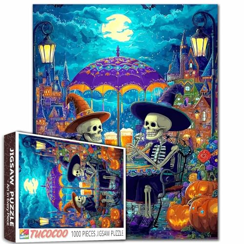 Happy Halloween-Puzzle, 1000 Teile, für Erwachsene, Familien (Skelett-Paar, Kürbis, Vollmond, Schloss, Schädelmann), Teile passen perfekt zusammen, 50 x 70 cm, gruselige Nacht, gerahmte magische von TUMOVO