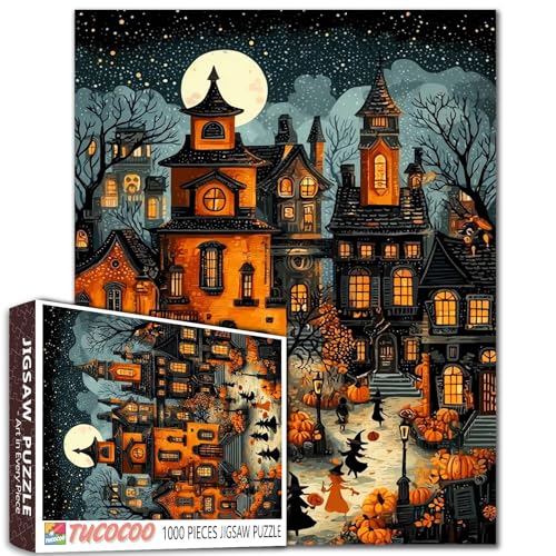 Happy Halloween-Puzzle, 1000 Teile für Erwachsene, Familien (Kastel, Vollmond, Kürbis, Hexe, Geist), Teile passen perfekt zusammen, 50 x 70 cm, Trick or Treat rahmenbare magische Puzzlekunst (bunt) von TUMOVO