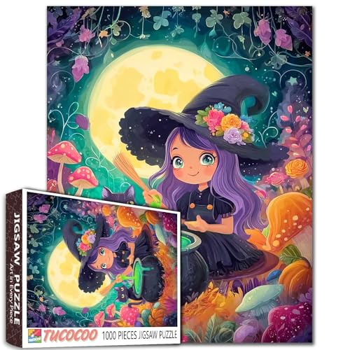 Happy Halloween-Puzzle, 1000 Teile für Erwachsene, Familien (Kürbis, Pilz, Vollmond, Hexe), Teile passen perfekt zusammen, 50 x 70 cm, Feenmädchen, gerahmte magische Puzzlekunst (bunt) von TUMOVO
