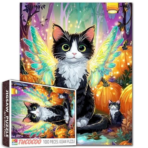 Happy Halloween-Puzzle, 1000 Teile für Erwachsene, Familien (schwarze Katze mit Flügeln, Kürbis, Wald), Teile passen perfekt zusammen, 50 x 70 cm, Tier-/Wildtiere, gerahmtes magisches Puzzle von TUMOVO
