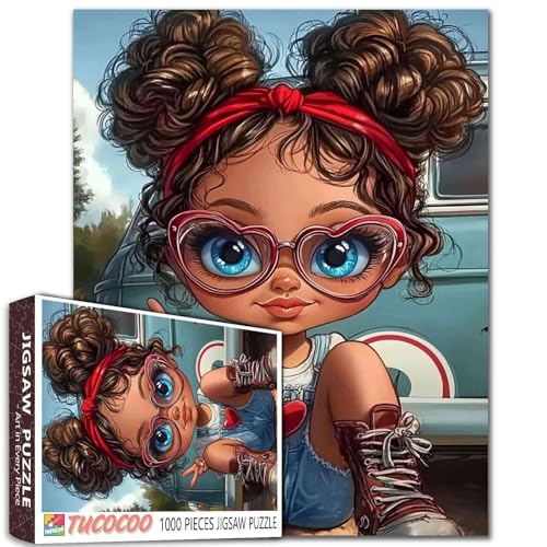 Indianer Afrika Mädchen 1000 Teile Puzzle für Erwachsene Schwarzes Mädchen mit Herz Sonnenbrille Malerei Puzzle Lockiges Haar Weiblich 1000 Teile Puzzles Spiel Home Wall Decor DIY Handwerk Puzzle von TUMOVO