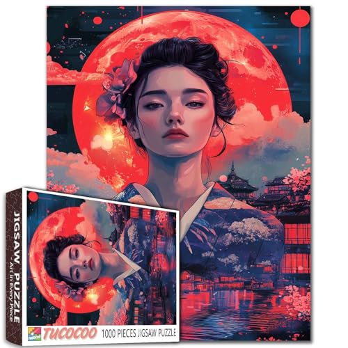 Japanisches Mädchen-Puzzle, 1000 Teile, für Erwachsene, Familien (Frauen, Berg Fuji, Sonne, Berg, Fluss) passen perfekt zusammen, 50 x 70 cm, gerahmtes Janpan-Bau-Puzzle-Kunst, Rot von TUMOVO