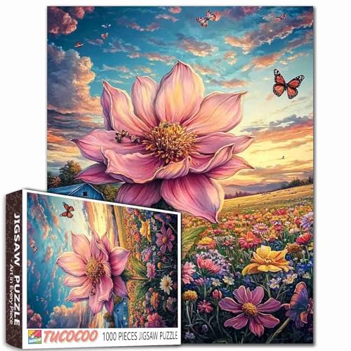 Landschaftspuzzle, 1000 Teile, für Erwachsene, Familien (Wildblumen, Schmetterling, Wald, Berg), Teile passen perfekt zusammen, 50 x 70 cm, große Blumen-Performance, rahmenbar, magische Puzzlekunst von TUMOVO