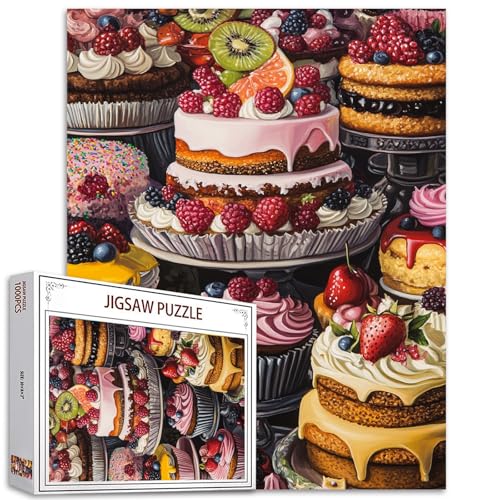 Leckeres Dessert-Puzzle, 1000 Teile für Erwachsene, Familien (Kuchen, Orange, Schokolade, Erdbeere, Creme) Teile passen perfekt zusammen, 50 x 70 cm, Obstkuchen, gerahmte magische Puzzlekunst (rot) von TUMOVO