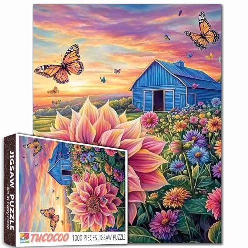 Native America Bauernhof-Puzzle, 1000 Teile für Erwachsene, Familien (Blockhütte, Dahlie, Schmetterling), Teile passen perfekt zusammen, 50 x 70 cm, blaues Holzhaus, rahmenbare Puzzlekunst von TUMOVO