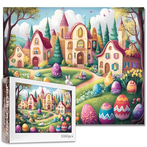 Oster-Willkommens-Puzzle, 1000 Teile für Erwachsene, Familien (weißes Kaninchen, Ostereier, Gras, Schloss), Teile passen perfekt zusammen, 50 x 70 cm, Landschaft, gerahmt, magisches Puzzle von TUMOVO
