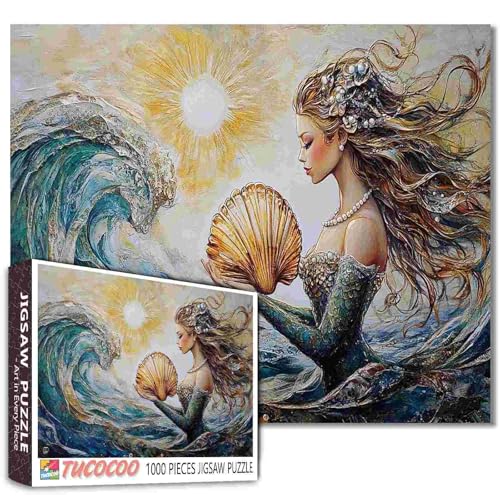 Puzzle 1000 Teile für Erwachsene, Familien (Meerjungfrauen-Mädchen, Perle, Sonnenuntergang, Muschel, Welle, Frau, Meer), Teile passen perfekt zusammen, 50 x 70 cm, gerahmtes magisches Puzzle von TUMOVO