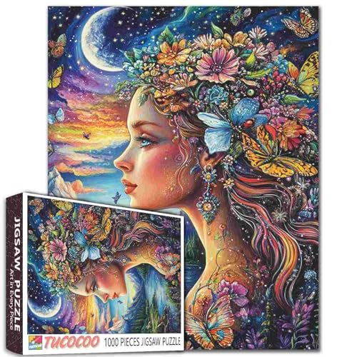 Puzzle Fantasy Frau mit Blumen, 1000 Teile für Erwachsene, Familien (Feenmädchen, Berg, Wald, Schmetterling, Mond), Teile passen perfekt zusammen, 50 x 70 cm, gerahmtes magisches Puzzle, Kunstgeschenk von TUMOVO