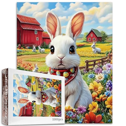 Puzzle "Happy Easter Day", 1000 Teile für Erwachsene, Familien (Kaninchen, Holzhaus, Gaeden-Blumen), Teile passen perfekt zusammen, 50 x 70 cm, Amerika-Farm, gerahmtes magisches Puzzle, Kunstgeschenk von TUMOVO