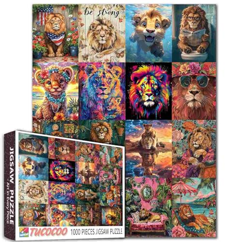 Puzzle "Happy Lion Family", 1000 Teile für Erwachsene, Cartoon-Löwen-Malerei, Puzzle, Savanne, Tiere aus Südafrika, 1000 Teile, Puzzle-Spiel, Wildtiere, Wanddekoration, Bastelpuzzle, Kunst (bunt) von TUMOVO