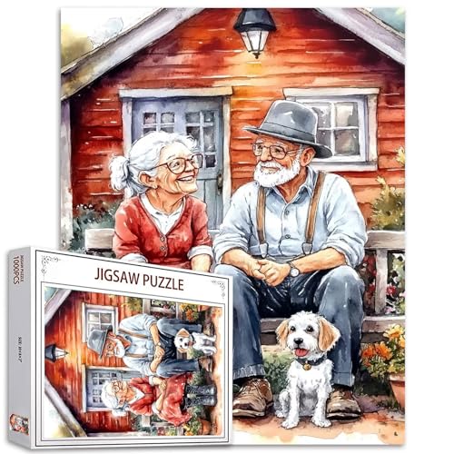 Puzzle für alte Paare, 1000 Teile für Erwachsene, Familien (Mann, Frau, Holzhaus, Tier, Hund, Garten), Teile passen perfekt zusammen, 50 x 70 cm, Familienaufführung, rahmenbare magische Puzzlekunst von TUMOVO