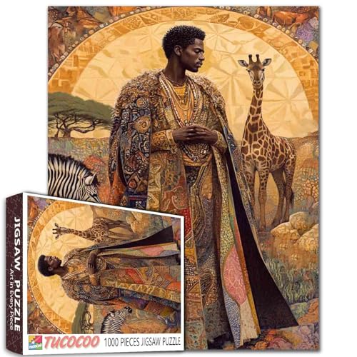 Puzzle mit Afrika-König, 1000 Teile für Erwachsene, Familien (schwarzer Mann, Giraffen, Hirsche, Zebra, Savanne, Tier/Wildtiere), Teile passen perfekt zusammen, 50 x 70 cm, rahmenbare Puzzlekunst von TUMOVO