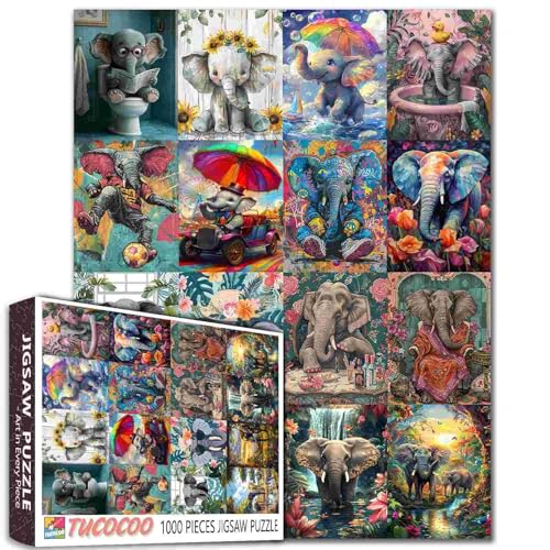 Puzzle mit Afrika-Tiermotiven für Erwachsene, niedliche Graffitic-Elefanten, Malpuzzle, Elefanten-Serie, 1000 Teile, Puzzle-Spiel, Savanne, Wildtiere, Wanddekoration, Bastelpuzzle, Kunst (bunt) von TUMOVO