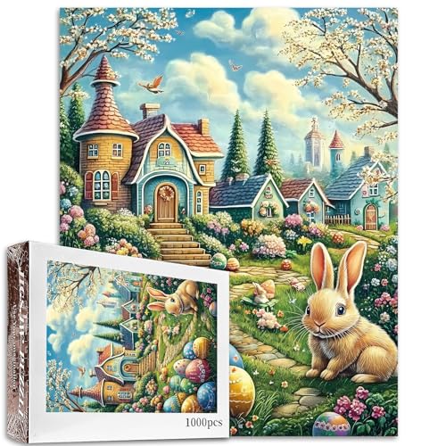 Puzzle mit Aufschrift "Happy Easter Time", 1000 Teile für Erwachsene, Familien (Kaninchen, Schloss, Gartenblumen, Tiere/Wildtiere), Teile passen perfekt zusammen, 50 x 70 cm, Landschaft, gerahmt von TUMOVO