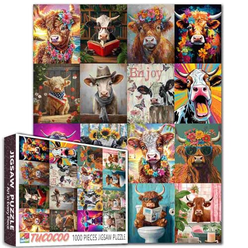 Puzzle mit Bauernhoftieren, 1000 Teile für Erwachsene, schwarz-weiße Kuh, Malpuzzle, niedliches Rind mit Blumen, 1000 Teile, Puzzle-Spiel, Wildtiere, Wanddekoration, Bastelpuzzle, Kunst (bunt von TUMOVO