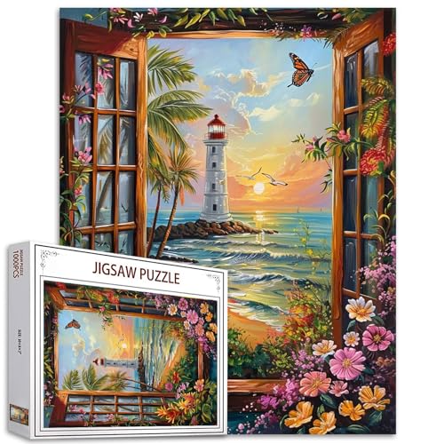 Puzzle mit Fensterlandschaft, 1000 Teile, für Erwachsene, Familien (Leuchtturm, Meer, Schmetterling, Adler, Blumen, Kokosnussbaum), Teile passen perfekt zusammen, 50 x 70 cm, magisches Puzzle von TUMOVO