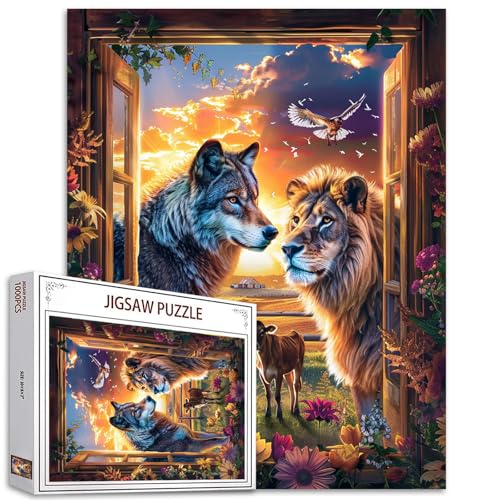 Puzzle mit Fensterlandschaft, 1000 Teile, für Erwachsene, Familien (Wolf, Löwe, Rinder, Adler, Bauernhof, Holzhaus, Blumen) Teile passen perfekt zusammen, 50 x 70 cm, Tiermagisches Puzzle von TUMOVO