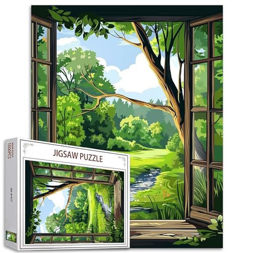 Puzzle mit Fensterlandschaft, 1000 Teile für Erwachsene, Familien (tropische Pflanzen, Wald, Dschungel, Fluss, Baum, Gras), 1000 Teile, passen perfekt zusammen, Boho-Magic-Puzzle, Kunstgeschenk, 50 x von TUMOVO