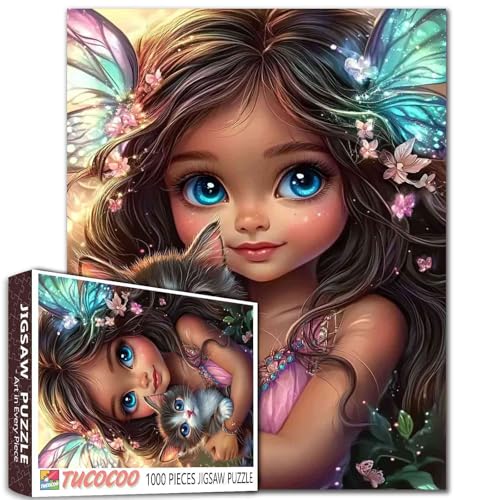 Puzzle mit einheimischen Afrika-Mädchen, 1000 Teile für Erwachsene, niedliches schwarzes Mädchen, Malpuzzle, Fee, weiblich, 1000 Teile, Puzzle-Spiel, Heim-Wanddekoration, Tier-Katze, Bastelpuzzle von TUMOVO