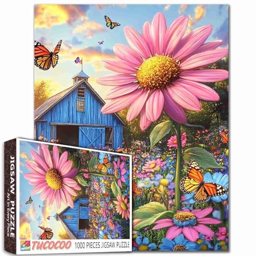 Puzzle mit großen rosa Blumen, 1000 Teile für Erwachsene, Familien (Holzhaus, Garten, Wildblumen, Schmetterling), Teile passen perfekt zusammen, 50 x 70 cm, Landschaftsaufführung, rahmenbare von TUMOVO