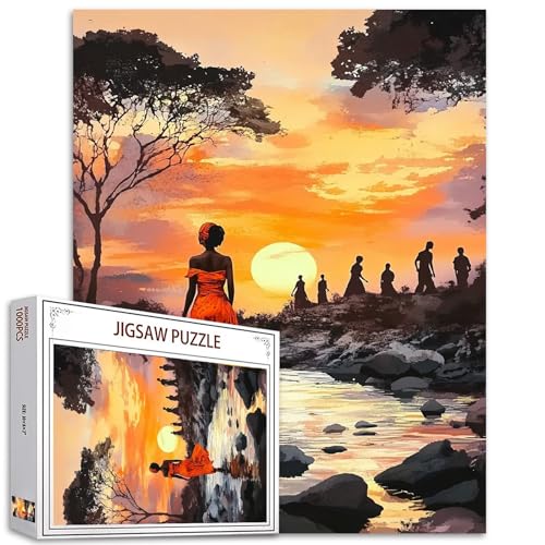 Schwarzes Mädchen, 1000-teiliges Puzzle für Erwachsene, Afrika, Frau im orangefarbenen Kleid, Malerei, Puzzle, Skandinavien, 1000 Teile, Afro-Landschaft, Wanddekoration, Bastelpuzzle, Kunst (bunt) von TUMOVO