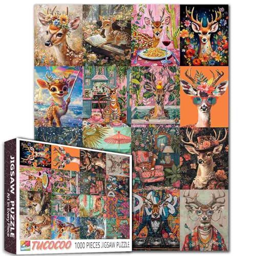 Tier-/Wildtier-Puzzles für Erwachsene, Hirsch-Serie, Malpuzzle, Sika-Hirsch mit Blumenkopf, 1000 Teile, Puzzle-Spiel, Badezimmer-Szene, Wanddekoration, Bastelpuzzle, Kunst (bunt) von TUMOVO