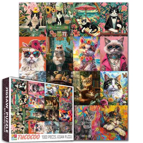 Tier-/Wildtier-Puzzles für Erwachsene, schwarz-weiße Katze in der Badewanne, Malpuzzle, niedliche Katze mit Sonnenbrille, 1000 Teile, Puzzle-Spiel, Haustier-Wanddekoration, Bastelpuzzle, Kunst (grün) von TUMOVO