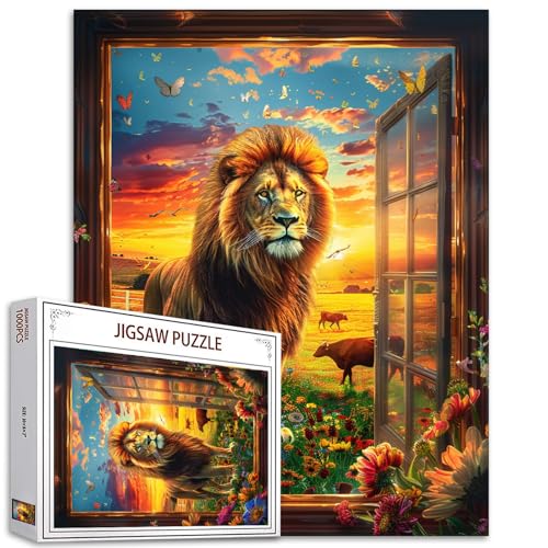 Tier-Puzzle, 1000 Teile für Erwachsene, Familien (Tiger, Rinder, Schmetterling, Blumen, Fenster), passt perfekt zusammen, 50 x 70 cm, Wildtiere bei Sonnenuntergang, magisches Puzzle, Kunstgeschenk von TUMOVO