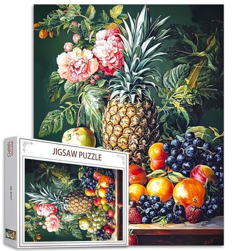 Tropische Früchte-Puzzles für Erwachsene, Familien (Erdbeere, Ananas, Orange, Traube, Pfirsich) passen perfekt zusammen, 50 x 70 cm, Blumen, gerahmt, magisches Puzzle, Kunstgeschenk (bunt) von TUMOVO