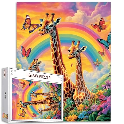 Waldtier-Puzzle, 1000 Teile, für Erwachsene, Familien (Giraffe, Schmetterling, Regenbogen, Blumen, Berg), Teile passen perfekt zusammen, 50 x 70 cm, Landschaft, gerahmt, magisches Puzzle von TUMOVO