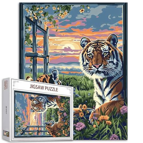 Waldtier-Puzzle, 1000 Teile, für Erwachsene, Familien (Tiger, tropische Pflanzen, Sonnenblume, Blütenblumen), Teile passen perfekt zusammen, 50 x 70 cm, Fensterlandschaft, magisches Puzzle von TUMOVO