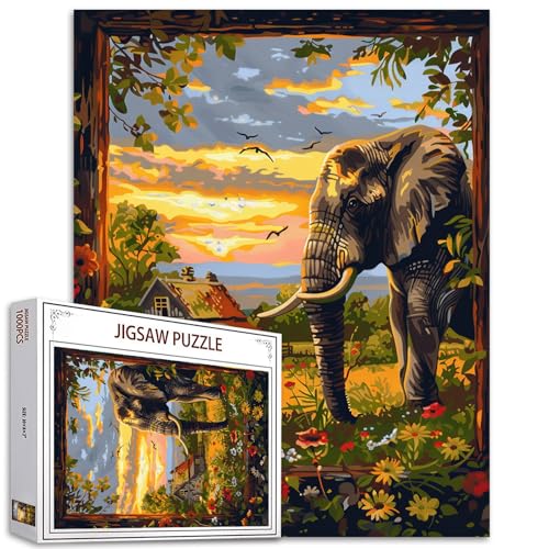 Wildtier-Puzzle, 1000 Teile für Erwachsene, Familien (Tier-Elefant, Holzhaus, tropische Pflanzen, Wald) Teile passen perfekt zusammen, 50 x 70 cm, Fensterlandschaft, magisches Puzzle, Kunstgeschenk von TUMOVO