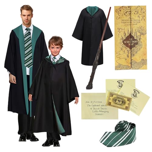 TUNAON Harry Kostüm 6-teiliges Set für Erwachsene und Kinder, inklusive Zauberer Umhang, Zauberstab und Krawatte. für Halloween, Karneval, Cosplay und Geburtstag, Rituale voller (Grün, 145) von TUNAON