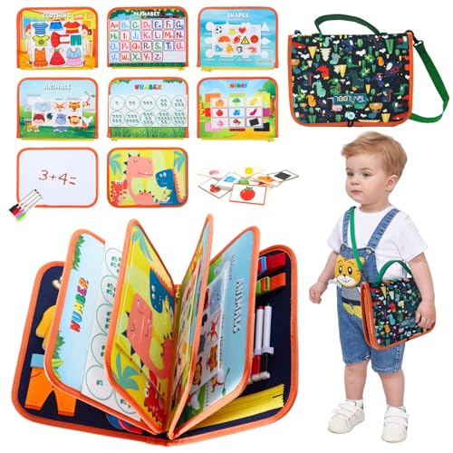 TUNJILOOL Montessori Busy Book - 10-seitiges Sinnesaktivitätsbuch mit Schulterriemen & wischbarer Whiteboard, ideales Reise-Lernspielzeug für Feinmotorik von TUNJILOOL
