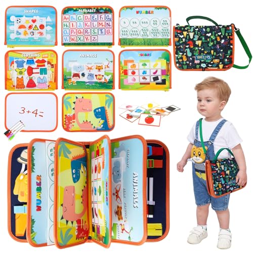 TUNJILOOL Montessori Busy Book - 10-seitiges Sinnesaktivitätsbuch mit Schulterriemen & wischbarer Whiteboard, ideales Reise-Lernspielzeug für Feinmotorik von TUNJILOOL