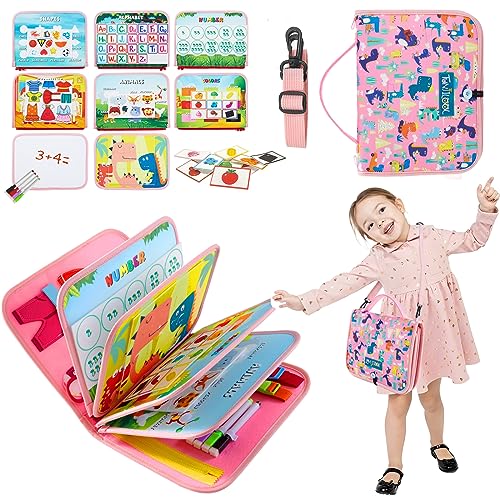 TUNJILOOL Montessori Busy Book - 10-seitiges Sinnesaktivitätsbuch mit Schulterriemen & wischbarer Whiteboard, ideales Reise-Lernspielzeug für Feinmotorik von TUNJILOOL