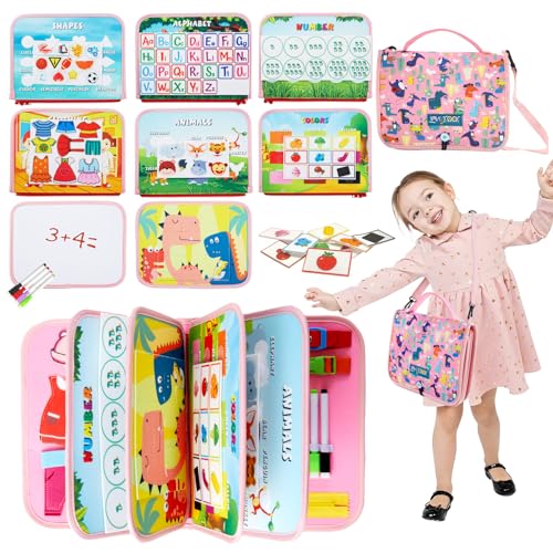 TUNJILOOL Montessori Busy Book - 10-seitiges Sinnesaktivitätsbuch mit Schulterriemen & wischbarer Whiteboard, ideales Reise-Lernspielzeug für Feinmotorik von TUNJILOOL