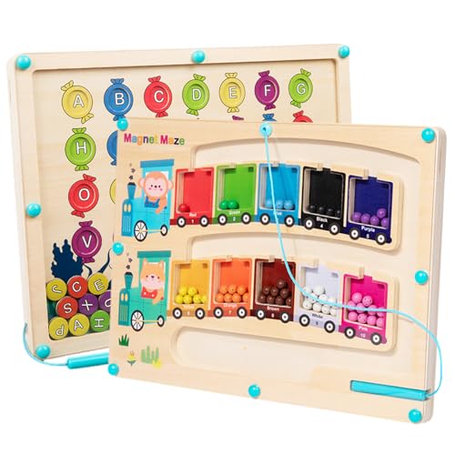 TUNJILOOL 2 in 1 Magnetisches Labyrinth Holzspielzeug Montessori Spielzeug Ab 2 3 4 5 6 Jahre Kinder Feinmotorikspielzeug Zahlen Und Farben Lernspiele Busy Board Geschenk für Mädchen Junge von TUNJILOOL