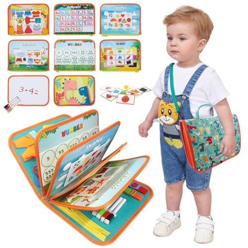 TUNJILOOL Montessori Busy Book - 10-seitiges Sinnesaktivitätsbuch mit Schulterriemen & wischbarer Whiteboard, ideales Reise-Lernspielzeug für Feinmotorik von TUNJILOOL
