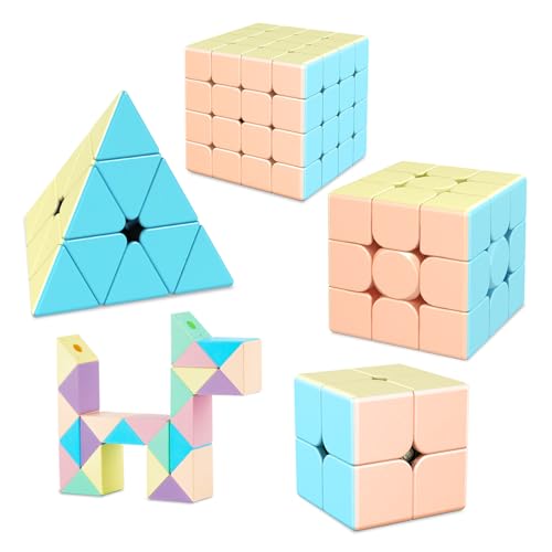 TUNJILOOL Zauberwürfel Set, Speed Cube Set 2x2x2 3x3x3 4x4x4 Pyraminx 24 Blöcke Magische Schlange Würfel Smoothly Aufkleberlos Speedcube Puzzle Cube Spielzeug für Kinder Erwachsene Anfänger Macaron von TUNJILOOL