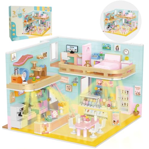 TUNJILOOL Milk Tea Shop Building Blocks 1227pcs House Construction Building Set with LED Light, Collectible Display Model Creative Gift for Teens and Adults (Milk Tea Shop) von TUNJILOOL