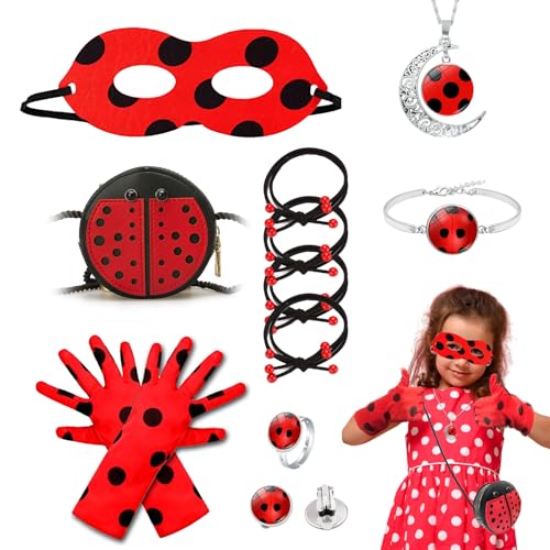 TUONYIS 12 Stücke Ladybird Kostüm Set, Ladybird Maske Handschuhe Tasche Ladybird Haarbänder Set, Rot Schwarz Verkleidung Mädchen Rollenspiel Set, Halloween Karneval Ladybug Kostüm Zubehör Set (Rot) TUONYIS 12 Stücke Ladybird Kostüm Set, Ladybird Maske Handschuhe Tasche Ladybird Haarbänder Set, Rot Schwarz Verkleidung Mädchen Rollenspiel Set, Halloween Karneval Ladybug Kostüm Zubehör Set (Rot) von TUONYIS