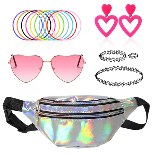 TUONYIS 17 Stück 90er Jahre Outfit Damen, 90er Jahre Neon Accessoires mit Bauchtasche Damen Herzbrille Tattoo Kette 90s Handgelenkband Ohrringe für Festival Party Outfit (Bunt) von TUONYIS