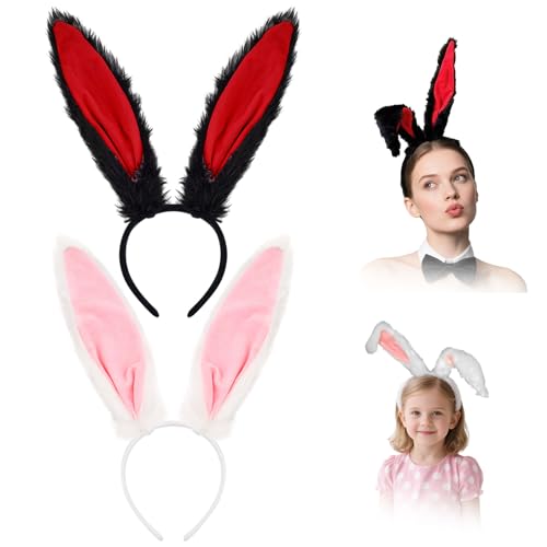 TUONYIS 2 Stück Hasenohren Stirnband, Hasenohren Stirnband Osterhasenohren Haarbänder Frauen Kaninchen Stirnband Häschen Stirnband Osterhase Kostüm Zubehör für Cosplay, Party (Weiß, Schwarz, von TUONYIS