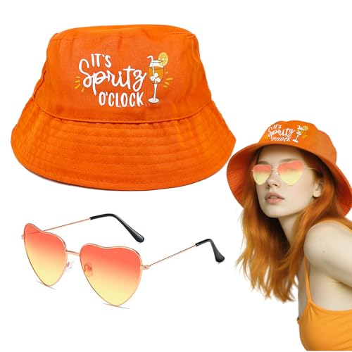 TUONYIS 2 Stück Orange Fischerhut Anglerhut Retro Orange Brillen in Herzform, Aperol Kostüm Damen Set Karneval Kostüm, Party Hut, Dance Dress Up Party Zubehör von TUONYIS