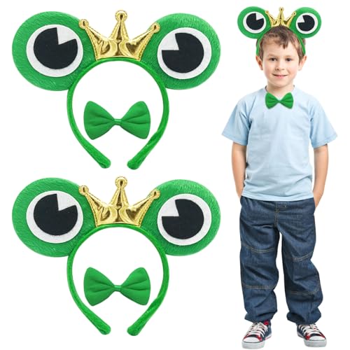 TUONYIS 2 Stücke Frosch haarreif mit Fliege, Frosch Tierhaarreifen Frosch Haarbänder mit Krone, Frosch König Haarreifen, mit Froschaugen, für Karneval Kostümparty,Halloween,Fasching Kopfschmuck (Grün) von TUONYIS
