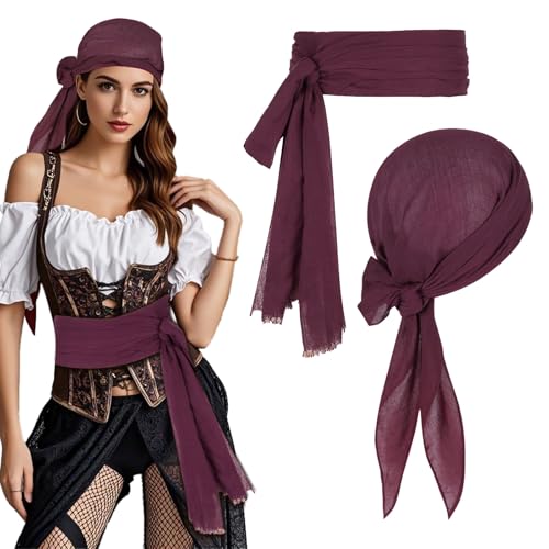 TUONYIS 2 Stücke Piratenkostüm Zubehör, Piraten Kopftuch, Piraten Gürtel Schärpe, Kopftuch Taillengürtel Piratenkostüm Damen Herren Accessoires, Karneval Kostüm Pirat, für Cosplay Halloween (Weinrot) TUONYIS 2 Stücke Piratenkostüm Zubehör, Piraten Kopftuch, Piraten Gürtel Schärpe, Kopftuch Taillengürtel Piratenkostüm Damen Herren Accessoires, Karneval Kostüm Pirat, für Cosplay Halloween (Weinrot) von TUONYIS