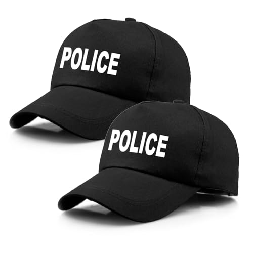 TUONYIS 2 Stücke Polizei Cap, Polizei Mütze Basecap mit Aufdruck Police, Polizeimütze variabel verstellbar, Polizist Officer Kostüm Accessoire, Polizei Käppi, für Halloween Party Dress up (Schwarz) von TUONYIS