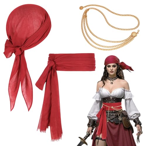 TUONYIS 3 Stück Piratenkostüm Damen Piraten Accessoires Set Piraten Kostüm Zubehör Set, Kopftuch Schärpe, Taillenkette, Piratenkapitän Kostümzubehör für Karneval, Cosplay, Party, Halloween (Rot) TUONYIS 3 Stück Piratenkostüm Damen Piraten Accessoires Set Piraten Kostüm Zubehör Set, Kopftuch Schärpe, Taillenkette, Piratenkapitän Kostümzubehör für Karneval, Cosplay, Party, Halloween (Rot) von TUONYIS