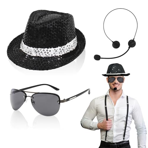 TUONYIS 3-teiliges Kostümzubehör für Erwachsene, Tanz-Cosplay-Kostüm, King of Pop-Kostüm, Set mit Pailletten-Hut, Kopf, Mikrofon, Sonnenbrille, Paillettenhandschuhen, 1980er Rocker Star von TUONYIS
